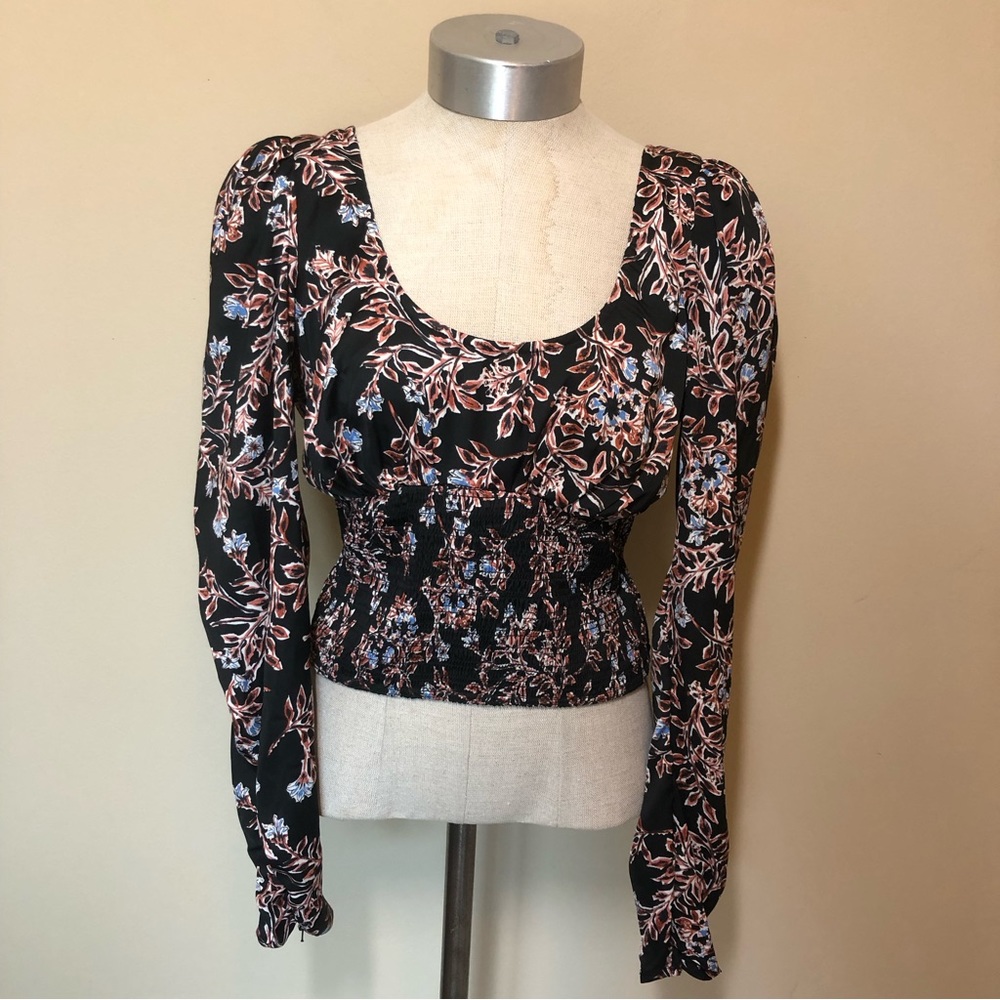 Free people Santiago floral smocked scoop neck cropped long sleeve top blouse